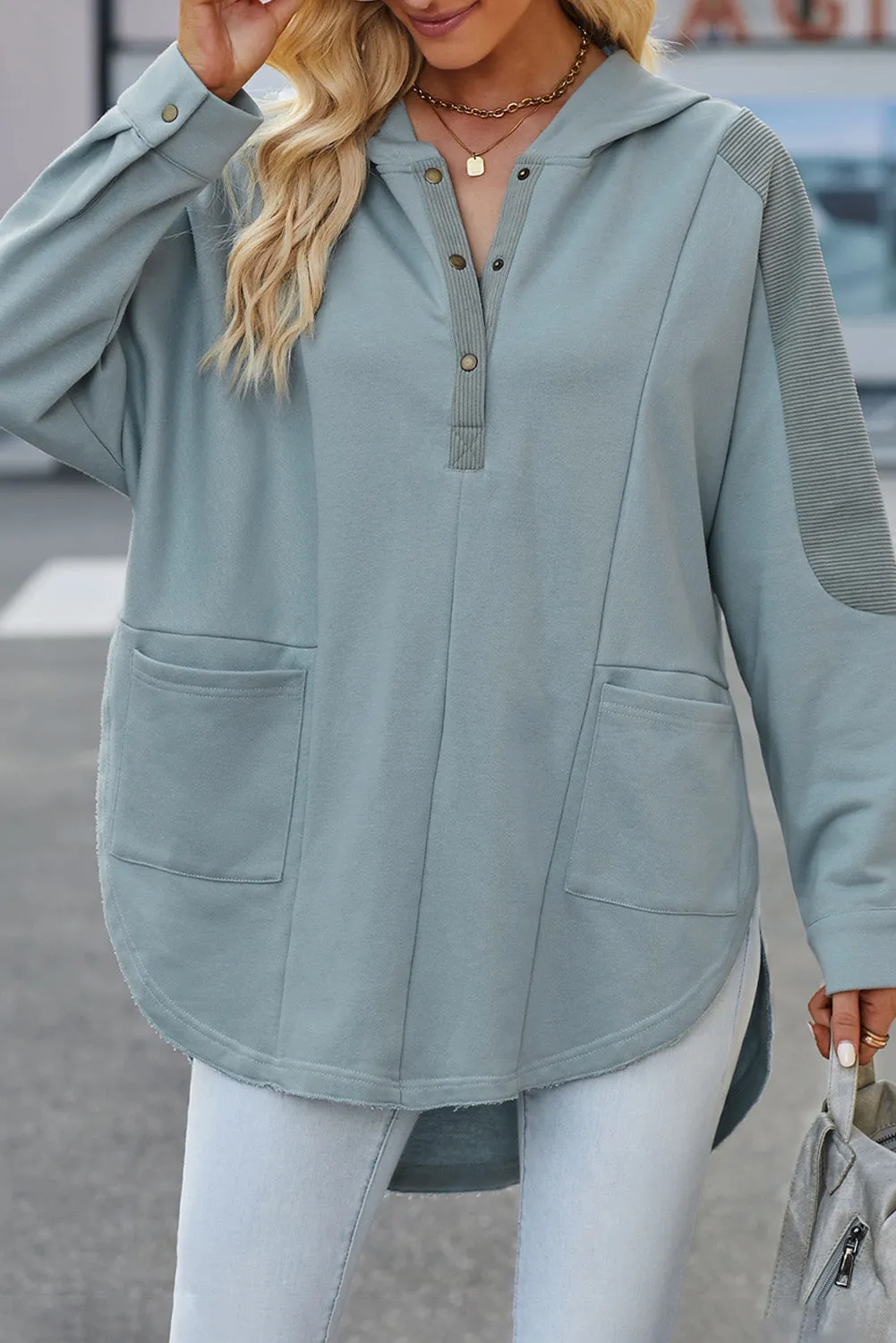 Sky Blue Patchwork Side Pockets Oversized Henley Hoodie