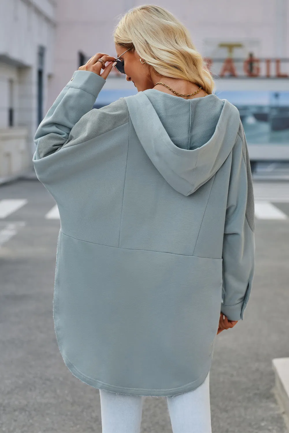 Sky Blue Patchwork Side Pockets Oversized Henley Hoodie