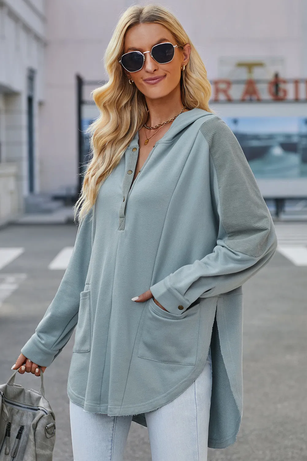 Sky Blue Patchwork Side Pockets Oversized Henley Hoodie