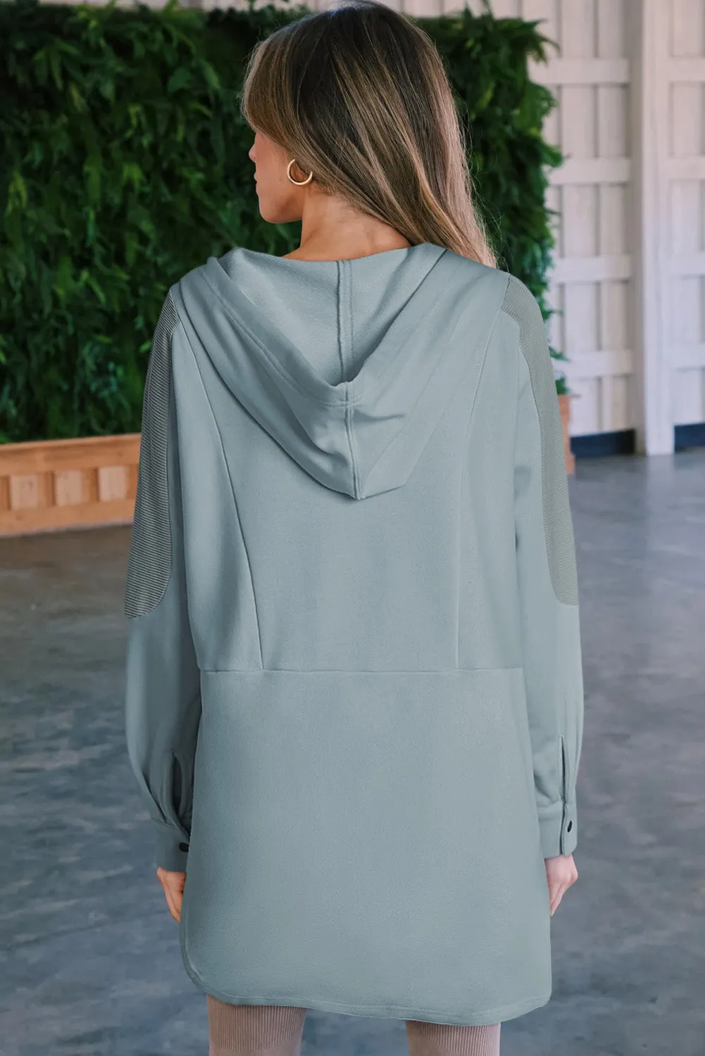 Sky Blue Patchwork Side Pockets Oversized Henley Hoodie