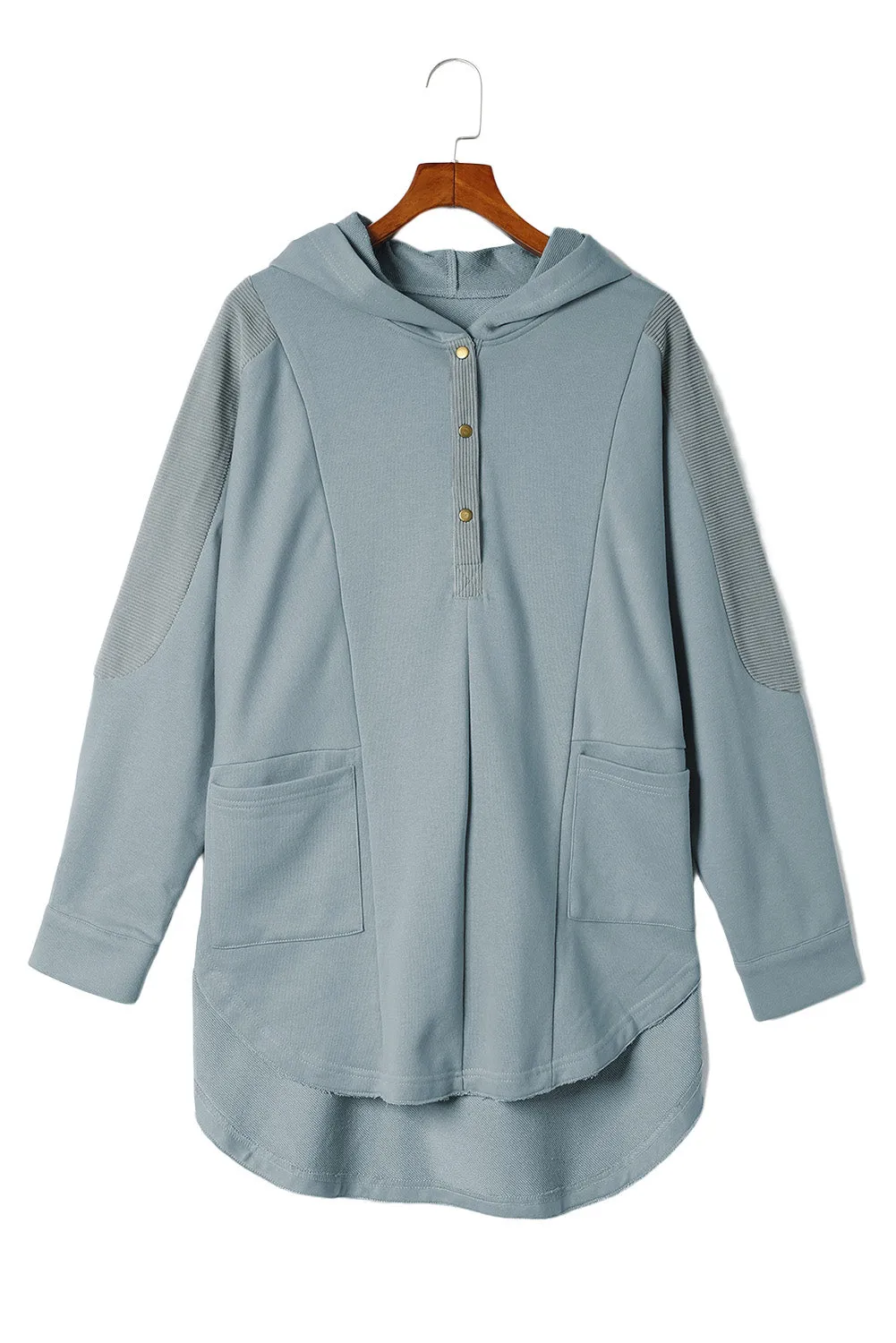 Sky Blue Patchwork Side Pockets Oversized Henley Hoodie