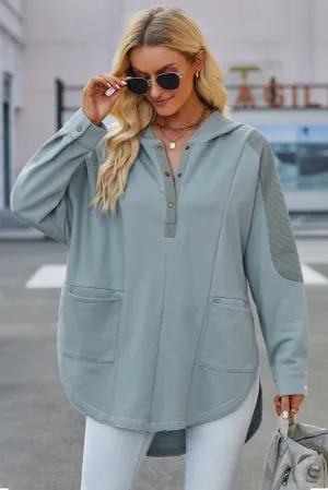 Sky Blue Patchwork Side Pockets Oversized Henley Hoodie
