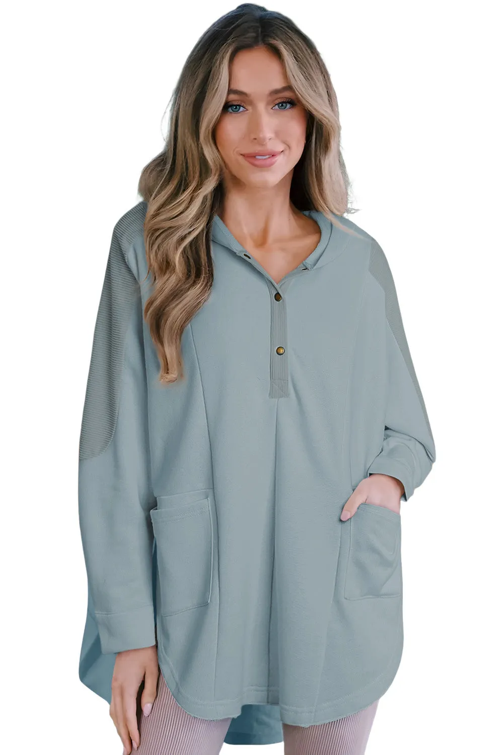 Sky Blue Patchwork Side Pockets Oversized Henley Hoodie