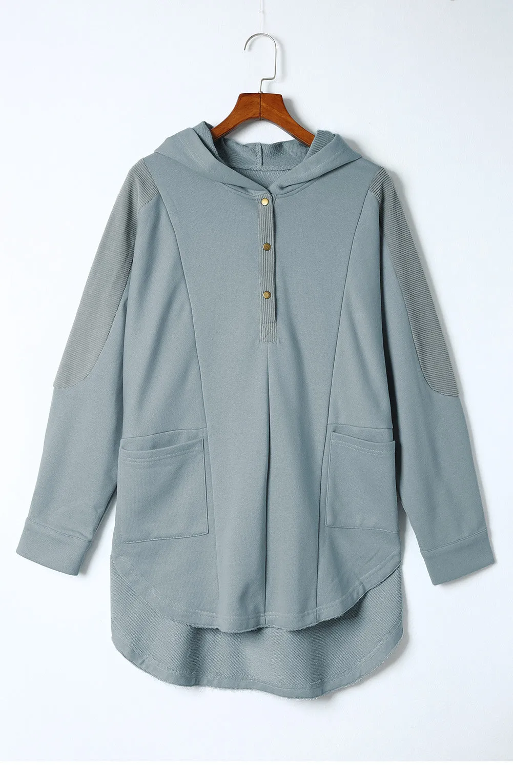 Sky Blue Patchwork Side Pockets Oversized Henley Hoodie