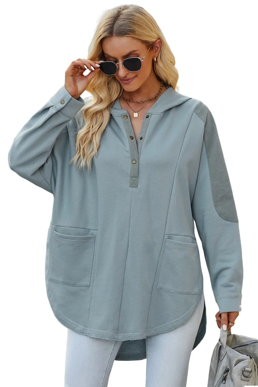Sky Blue Patchwork Side Pockets Oversized Henley Hoodie