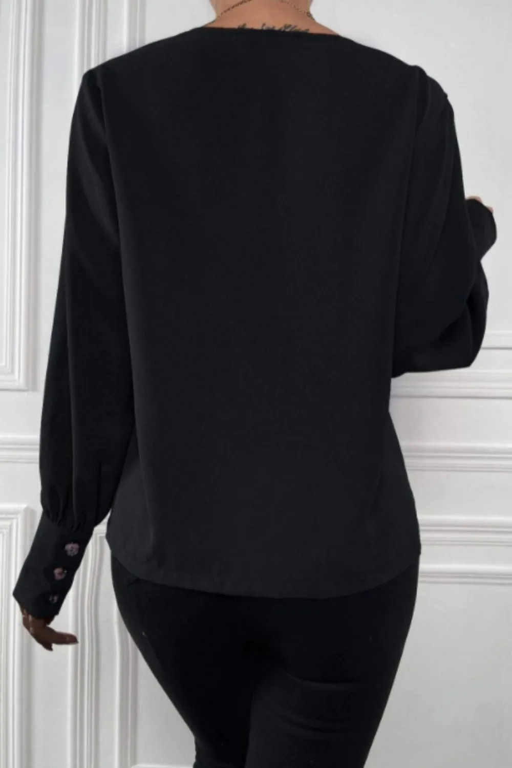 Solid Bishop Sleeve Button Front Blouse