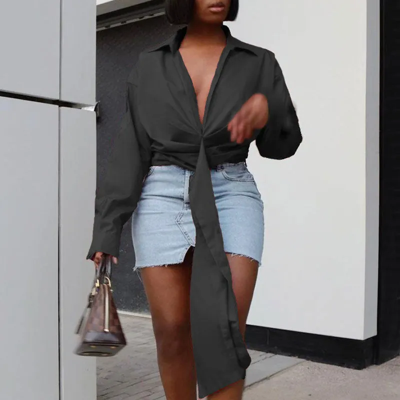 Solid V-Neck Long Sleeve Ruched Blouse