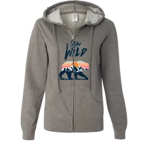 Stay Wild Sunset Bear Ladies Lightweight Fitted Zip-Up Hoodie