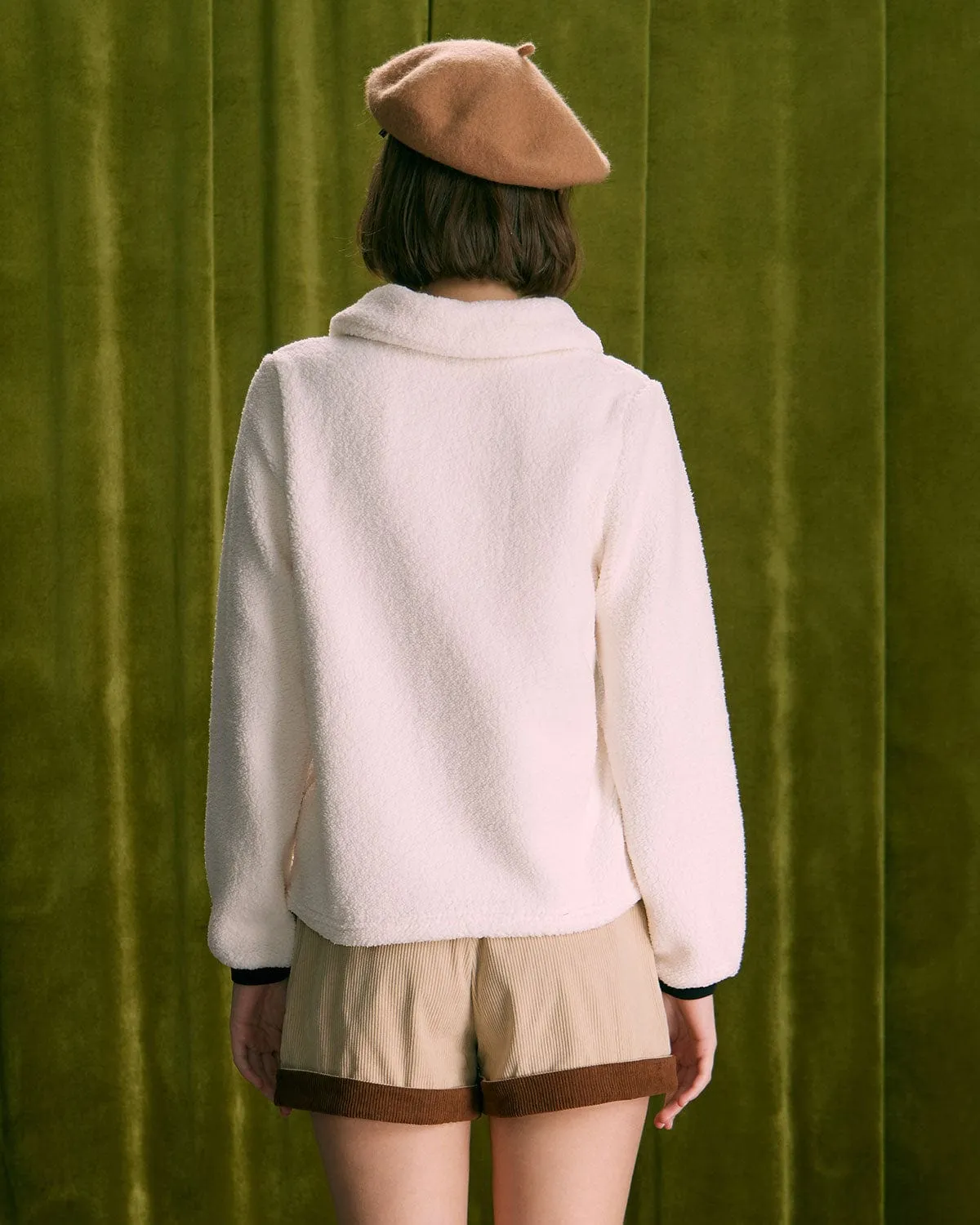 The Beige V Neck Spliced Teddy Sweatshirt