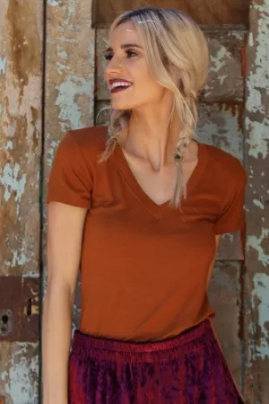 Tobacco V Neck Basic Fitted Tee