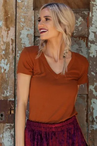 Tobacco V Neck Basic Fitted Tee
