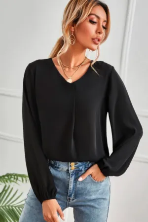 V Neck Full Sleeve Black Solid Blouse