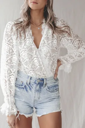 White lace V neck bodysuit