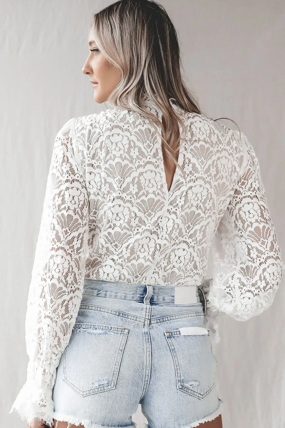 White lace V neck bodysuit