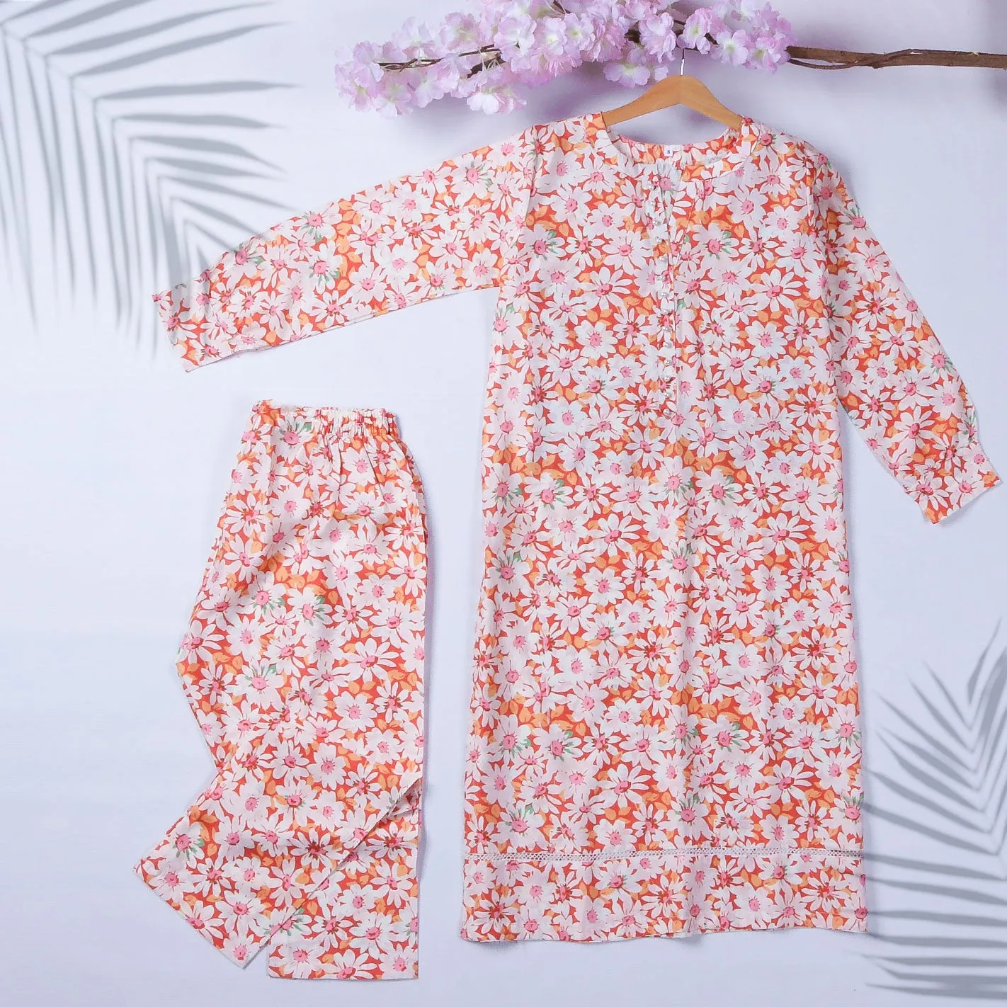 Women's 2Pcs Printed Suit Color White-Pink